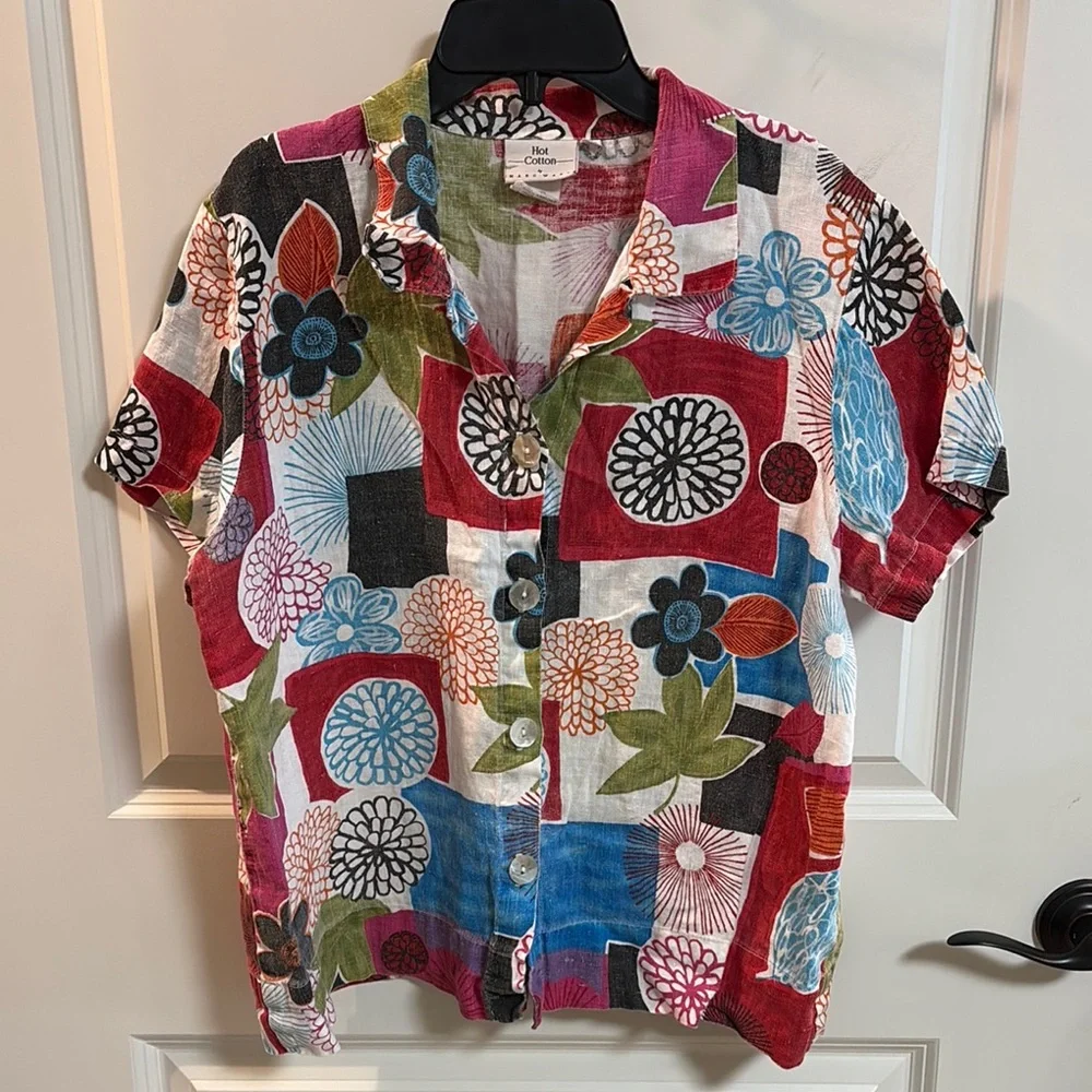 HOT COTTON by MARC WARE Women’s Vintage Floral Linen Button Up Blouse - Picture 1 of 6